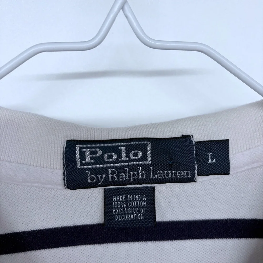 Vintage 90s Polo Ralph Lauren Striped Polo Shirt Large Men's White Navy Red Pony